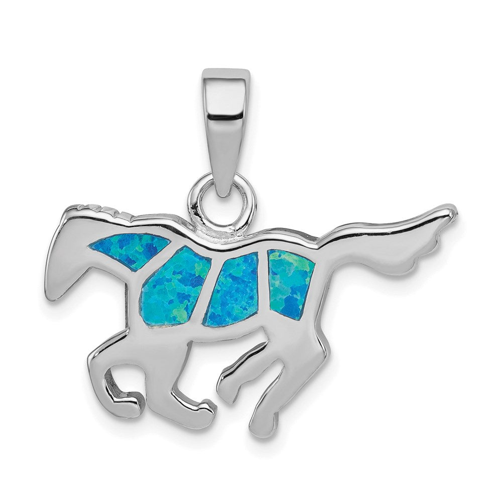 Sterling Silver Rhod-plated Created Blue Opal Inlay Horse Pendant