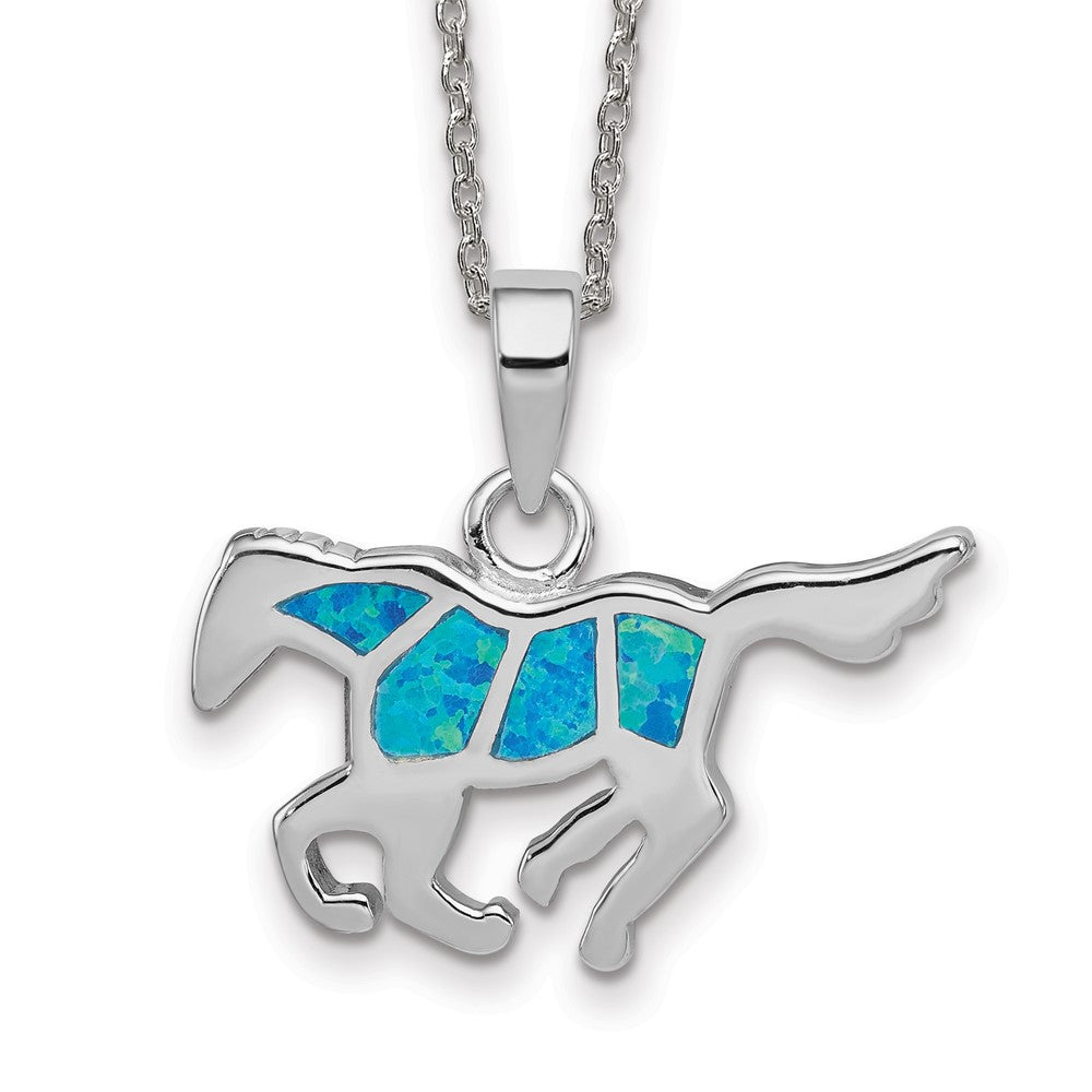 Sterling Silver Rhod-plated Created Blue Opal Inlay Horse Necklace