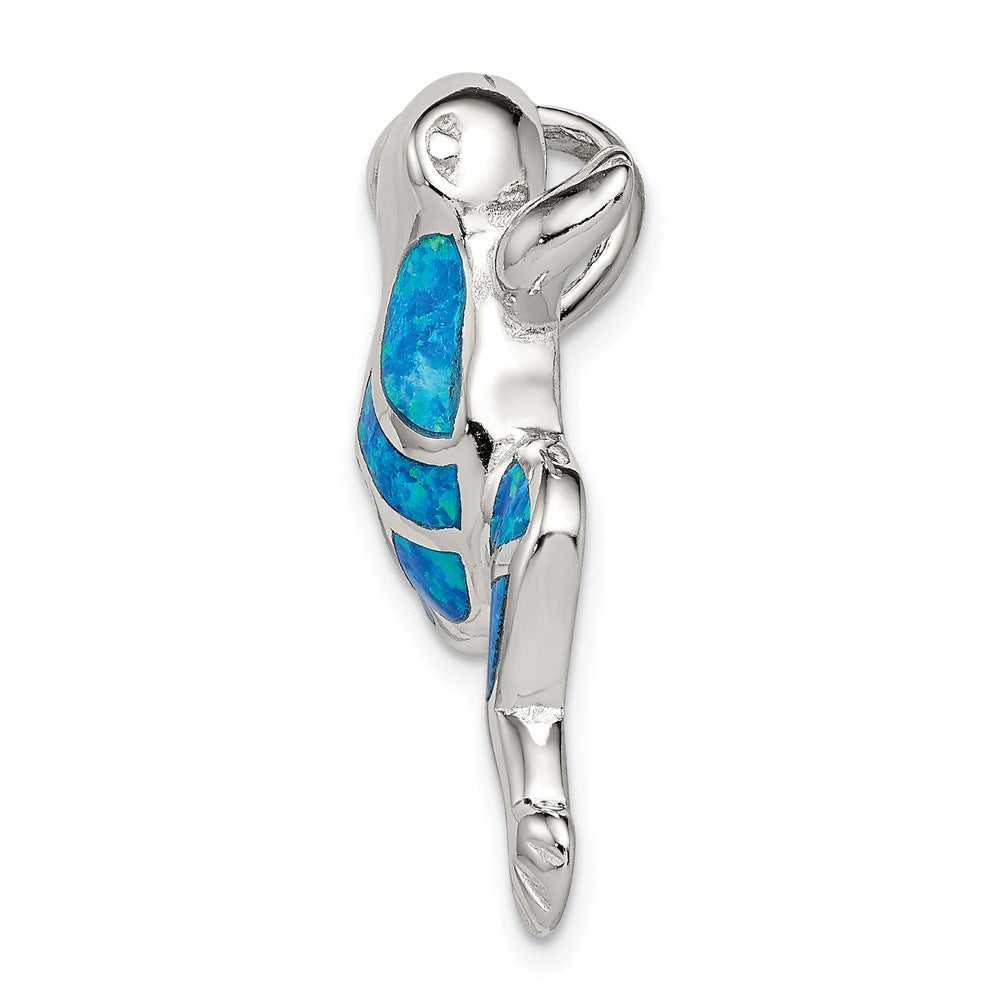 Sterling Silver Rhod-plated Created Blue Opal Inlay Frog Slide Pendant