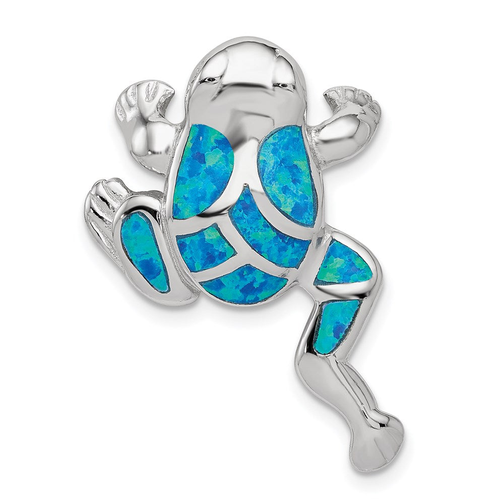 Sterling Silver Rhod-plated Created Blue Opal Inlay Frog Slide Pendant