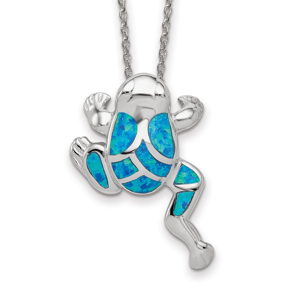 Sterling Silver Created Blue Opal Inlay Frog Necklace