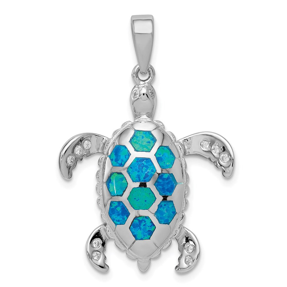 Sterling Silver Rhod-plated Created Blue Opal Inlay/CZ Tortoise Pendant