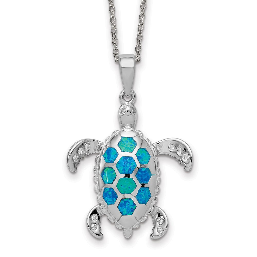 Sterling Silver Created Blue Opal Inlay CZ Tortoise Necklace