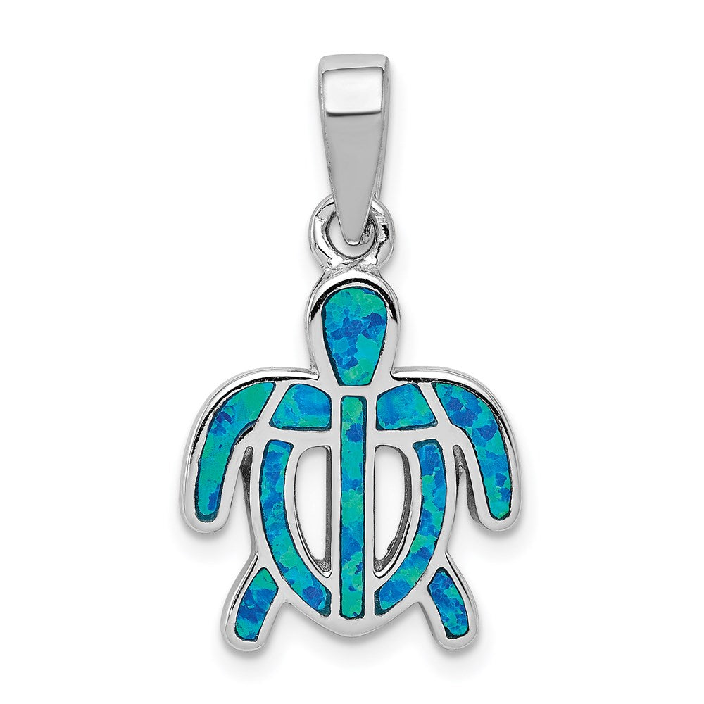 Sterling Silver Rhodium-plated Polished Created Blue Opal Inlay Tortoise Pendant