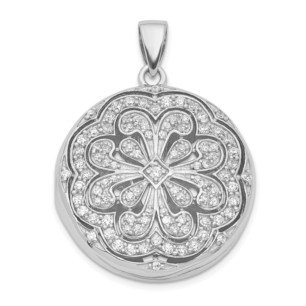 Sterling Silver Rhodium-plated CZ Flower Design Locket Pendant