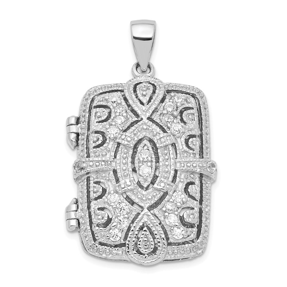 Sterling Silver Rhodium-plated Fancy CZ Rectangle Locket Pendant