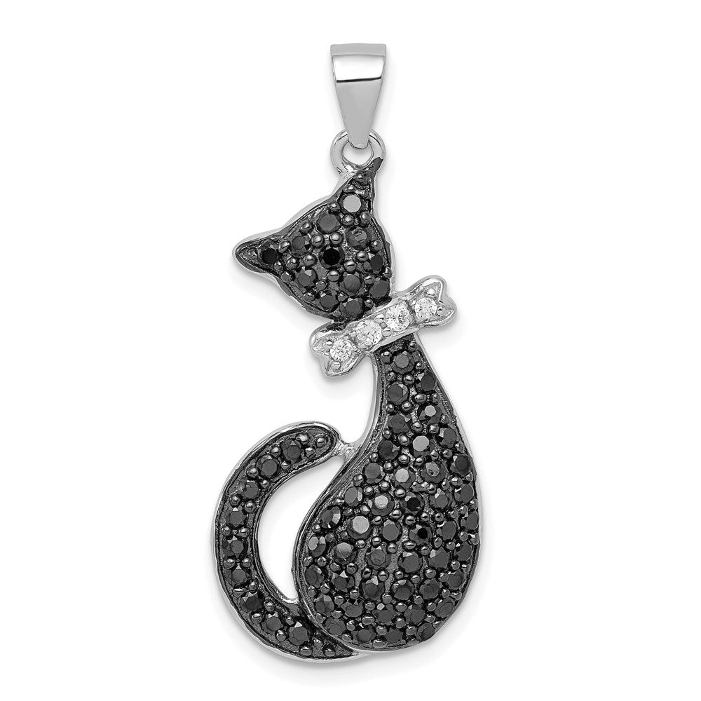 Sterling Silver Rhodium-plated Black & White CZ Cat with Bow Pendant