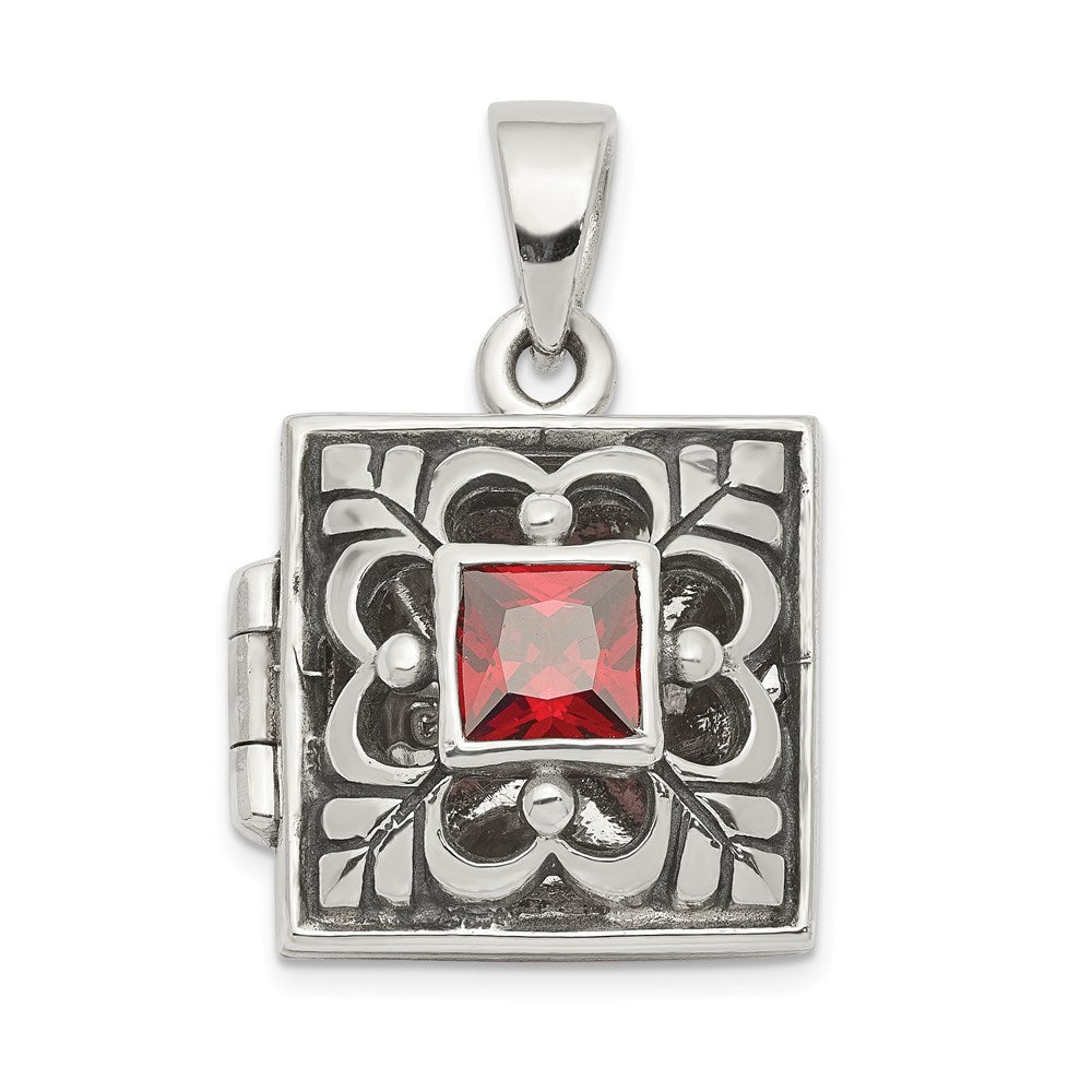 Sterling Silver Rhod-plated Polished/Antiqued Garnet Square Locket