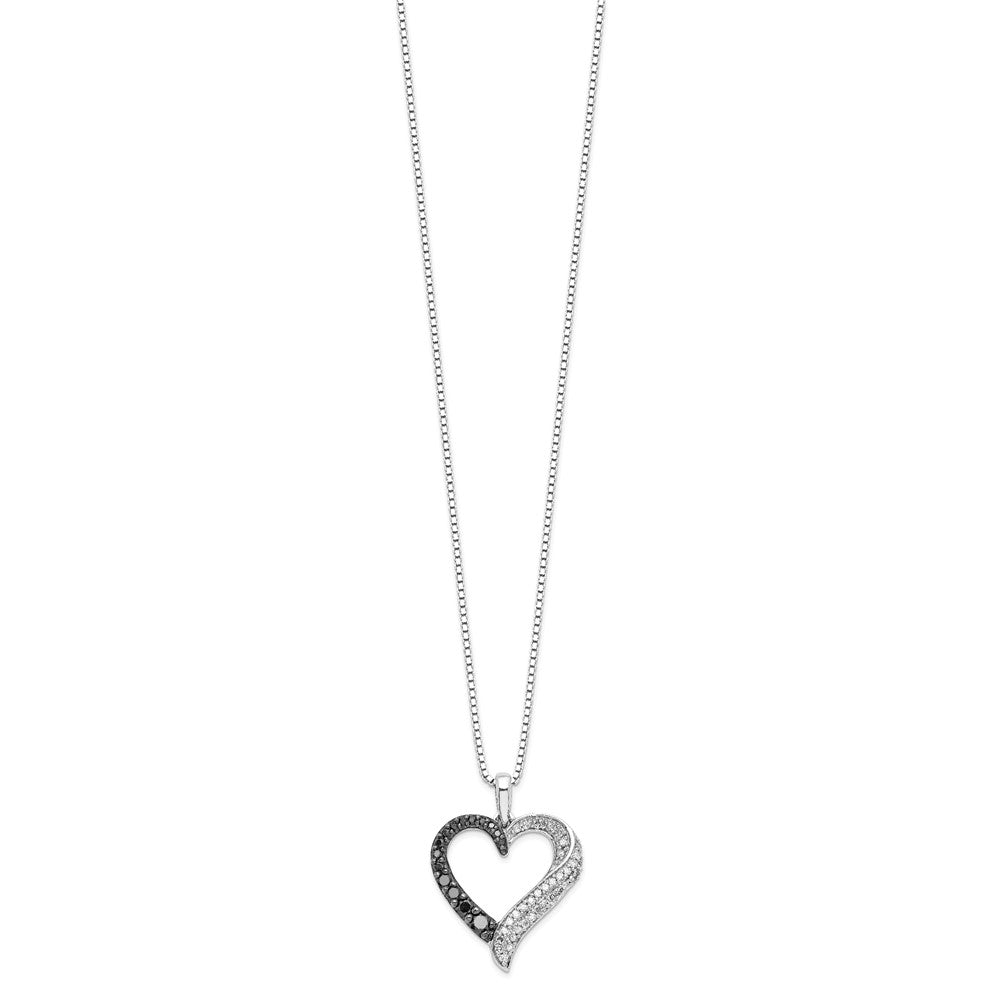 White Night Sterling Silver Rhodium-plated Black and White Diamond Heart 18 Inch Necklace with 2 Inch Extender