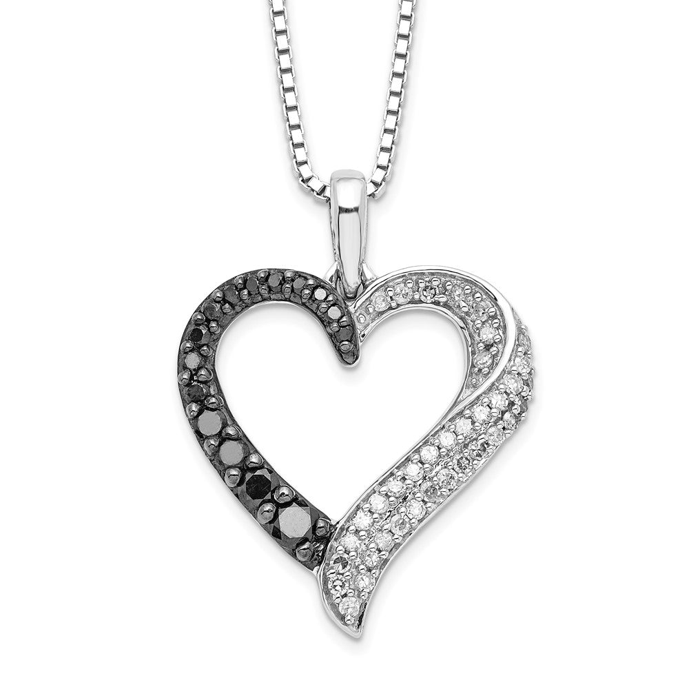 White Night Sterling Silver Rhodium-plated Black and White Diamond Heart 18 Inch Necklace with 2 Inch Extender