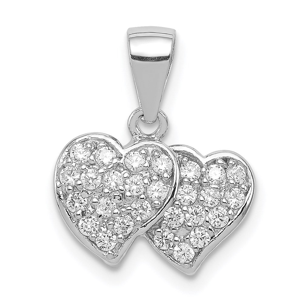 Sterling Silver Rhodium-plated CZ Small Double Hearts Pendant