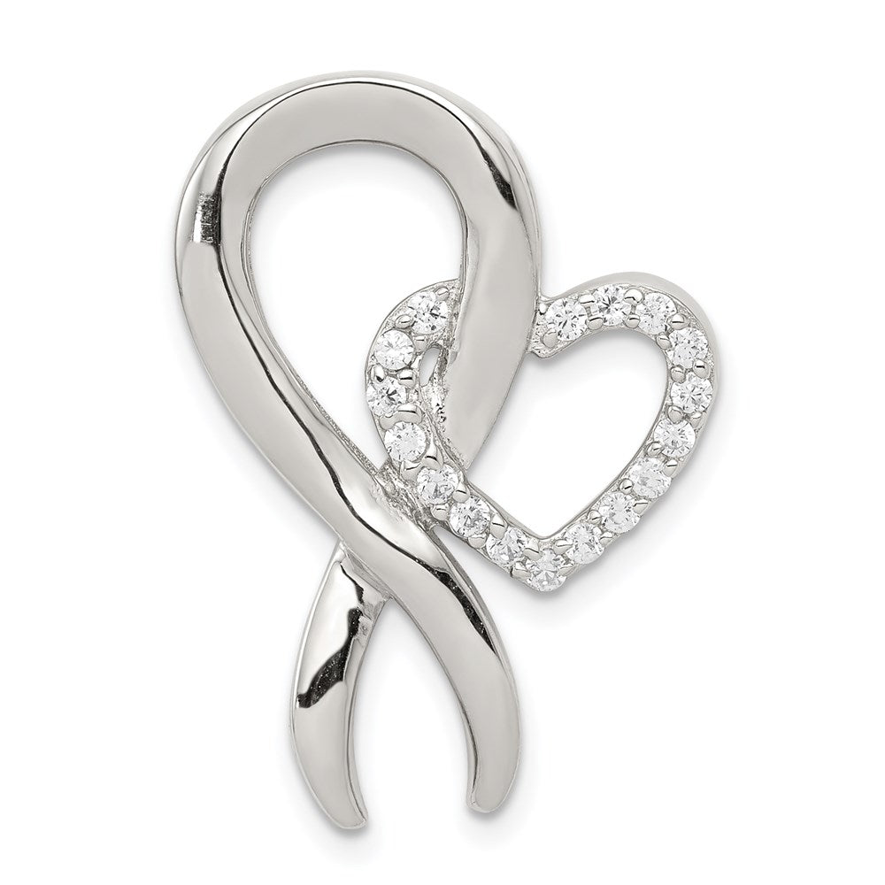 Sterling Silver Rhodium-plated CZ Heart/Breast Cancer Ribbon Chain Slide