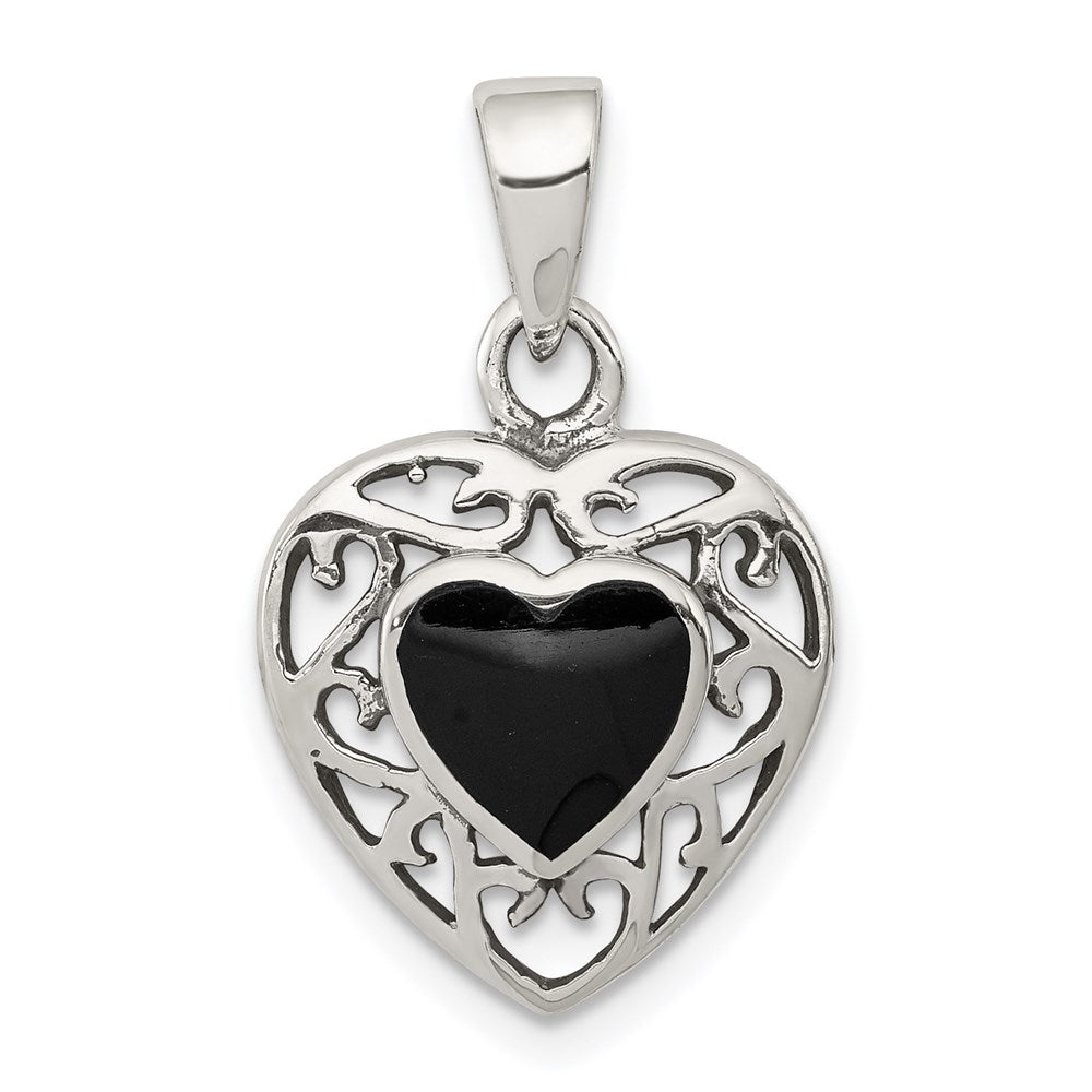 Sterling Silver Filigree Frame Onyx Heart Antiqued Heart Pendant