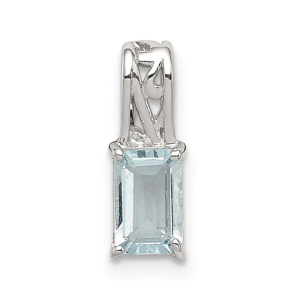 Sterling Silver Rhodium Plated Aquamarine Rectangle Pendant