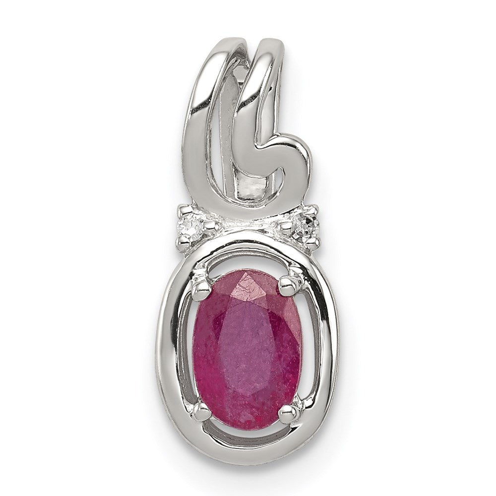 Sterling Silver Rhodium Plated Diamond & Ruby Oval Pendant