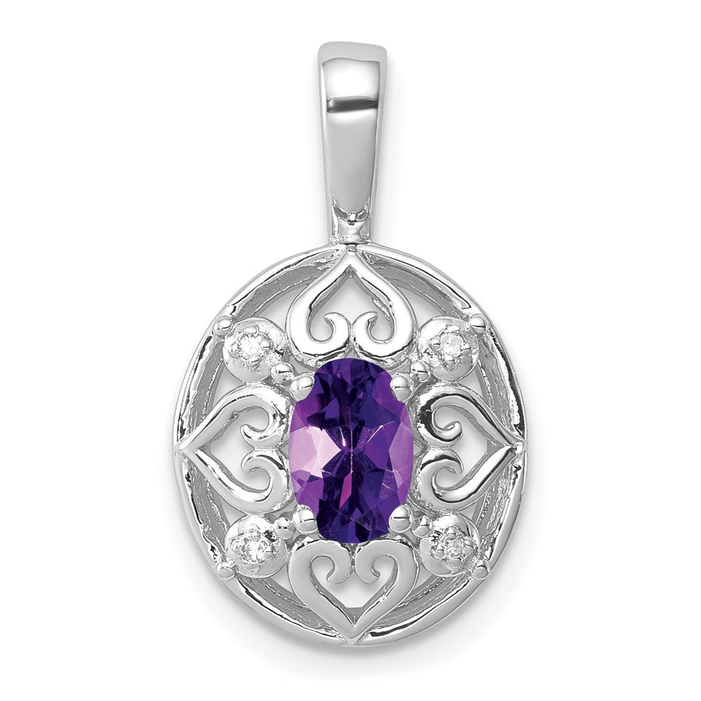 Sterling Silver Rhodium Plated Amethyst and Diamond Pendant