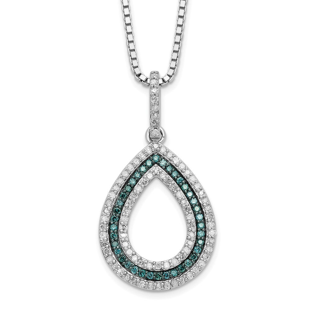 White Night Sterling Silver Rhodium-plated Blue and White Diamond Teardrop 18 Inch Necklace with 2 Inch Extender