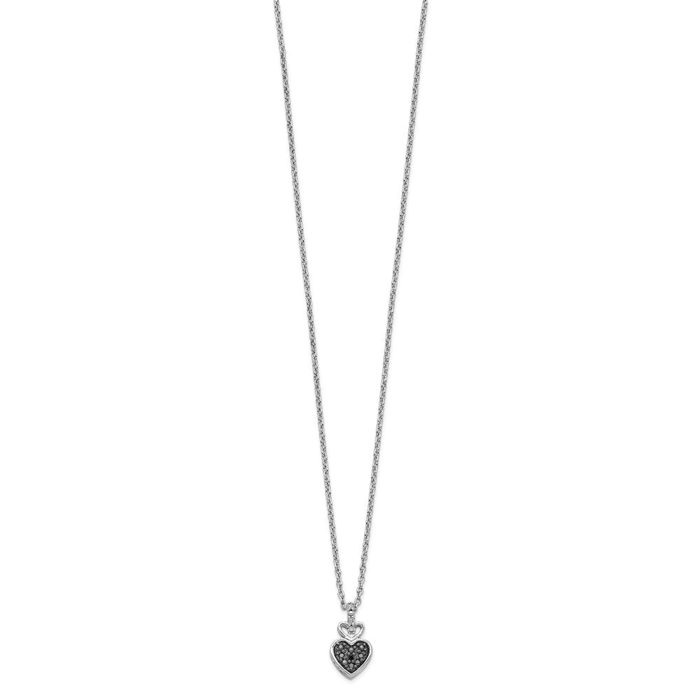 White Night Sterling Silver Rhodium-plated White and Black Diamond Heart 18 Inch Necklace with 2 Inch Extender