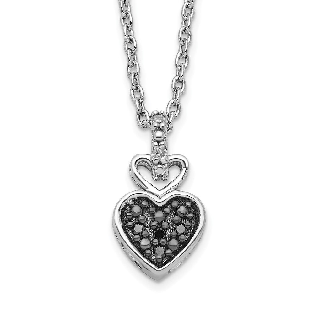 White Night Sterling Silver Rhodium-plated White and Black Diamond Heart 18 Inch Necklace with 2 Inch Extender