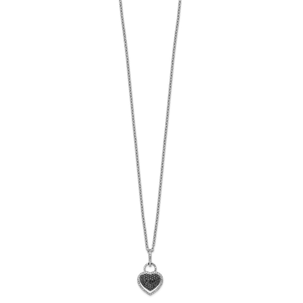 White Night Sterling Silver Rhodium-plated Black and White Diamond Heart Necklace with 2 Inch Extender