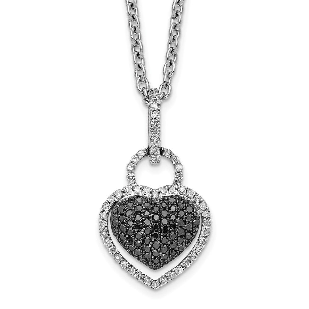 White Night Sterling Silver Rhodium-plated Black and White Diamond Heart Necklace with 2 Inch Extender