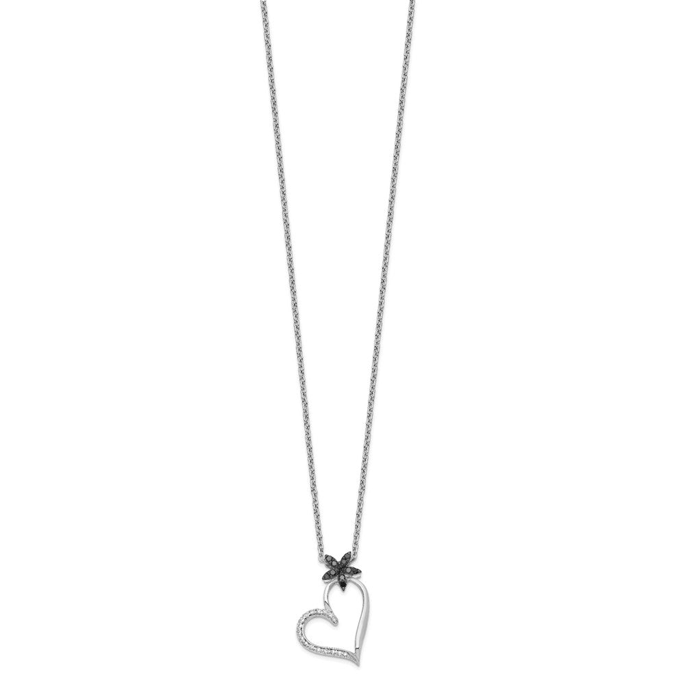 White Night Sterling Silver Rhodium-plated Black and White Diamond Heart with Flower 18 Inch Necklace with 2 Inch Extender