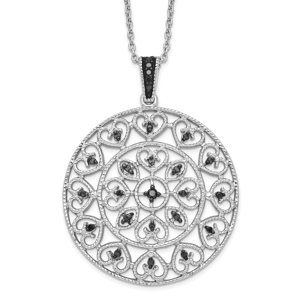 White Night Sterling Silver Rhodium-plated Black Diamond Circle Pendant 18 Inch Necklace with 2 Inch Extender