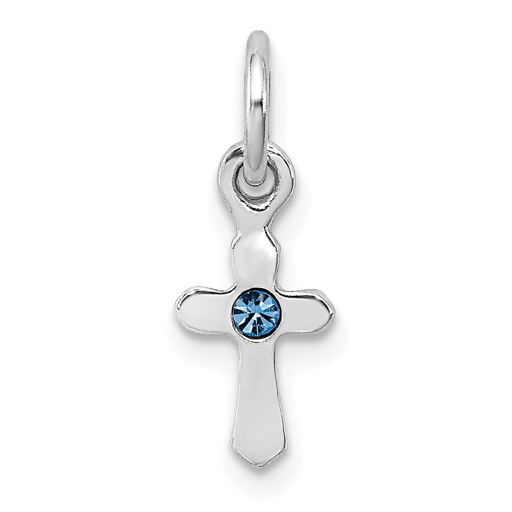 Sterling Silver Rhodium-plated Blue Crystal Cross Petite Pendant