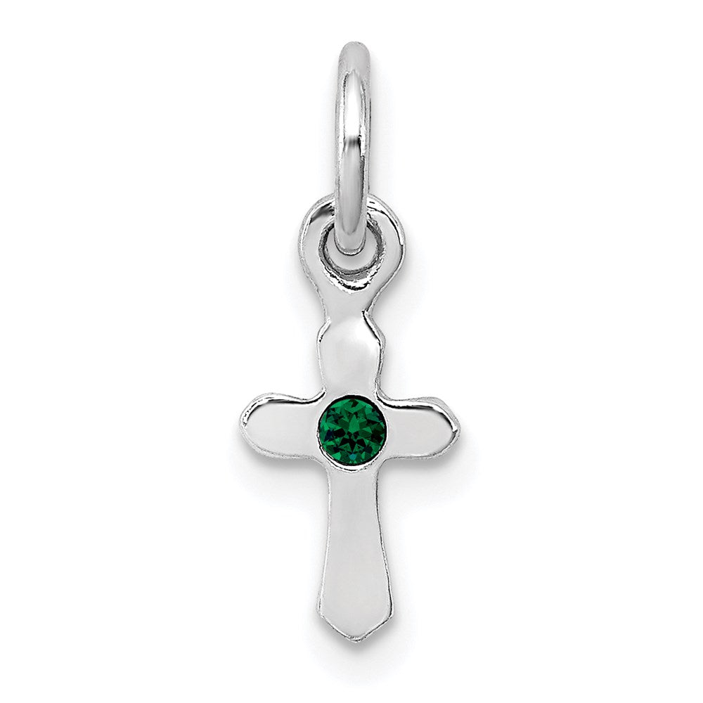 Sterling Silver Rhodium-plated Green Crystal Cross Petite Pendant