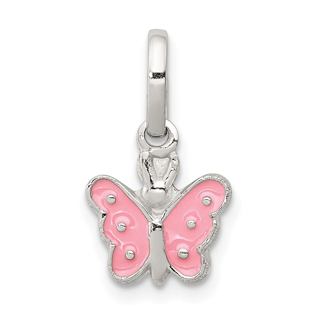Sterling Silver Rhodium-plated Pink Enameled Petite Butterfly Pendant