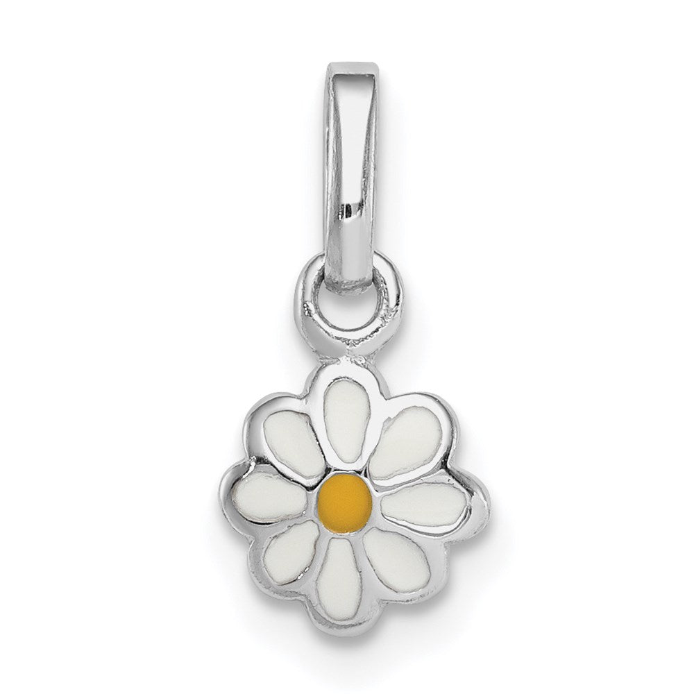 Sterling Silver Rhodium-plated White & Yellow Enameled Daisy Petite Pendant