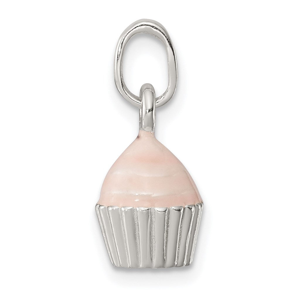 Sterling Silver Polished & Pink Enameled Cupcake Children's Pendant