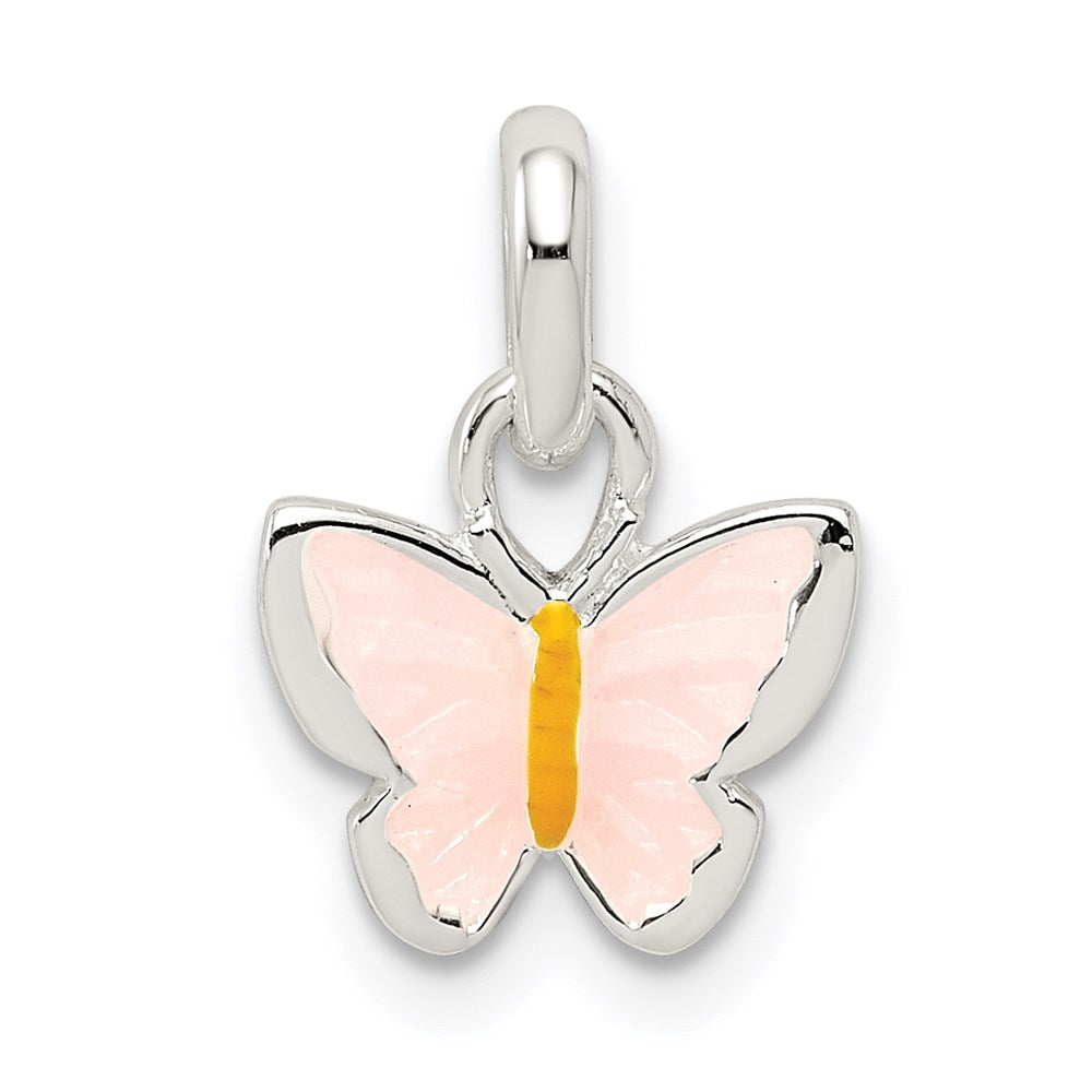 Sterling Silver Polished Pink and Orange Enameled Petite Butterfly Pendant