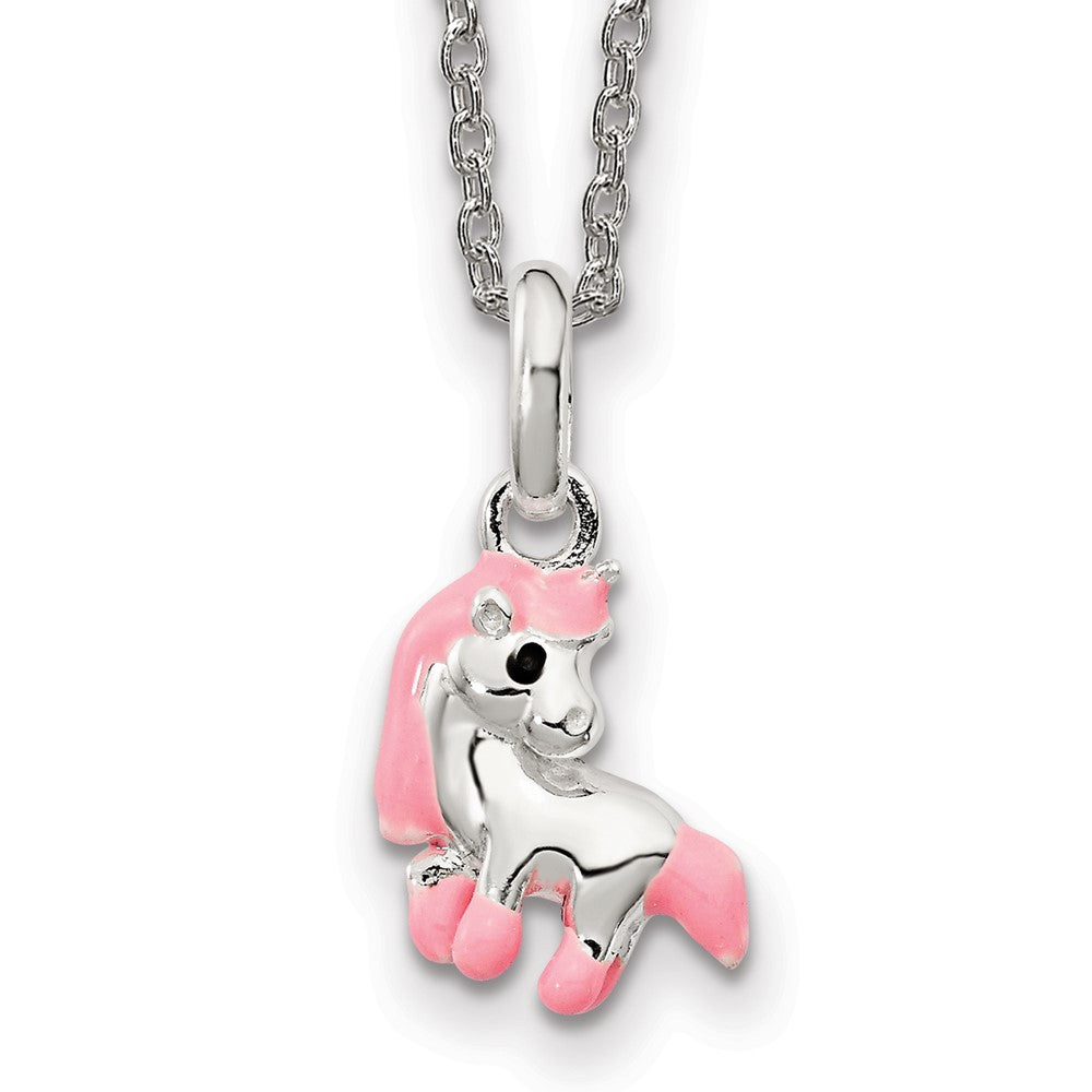 Sterling Silver Pink Enamel Kid's Horse Necklace