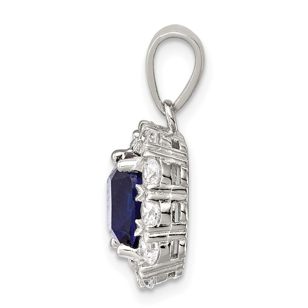 Sterling Silver Rhodium-plated CZ and Blue Glass Pendant