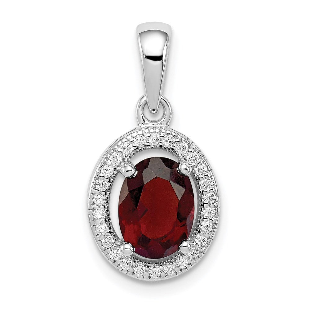 Sterling Silver Rhod-plated w/ Dark Red and White CZ Oval Pendant