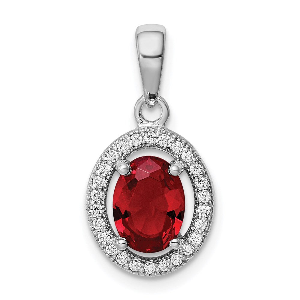 Sterling Silver Rhodium Plated Red CZ and White CZ Halo Pendant