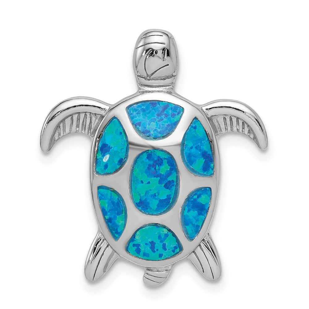 Sterling Silver Rhodium-plated Polished Created Blue Opal Turtle Slide