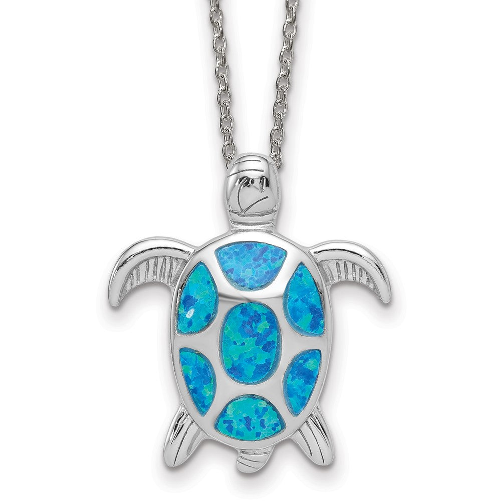 Sterling Silver Rhodium Created Blue Opal Turtle Necklace