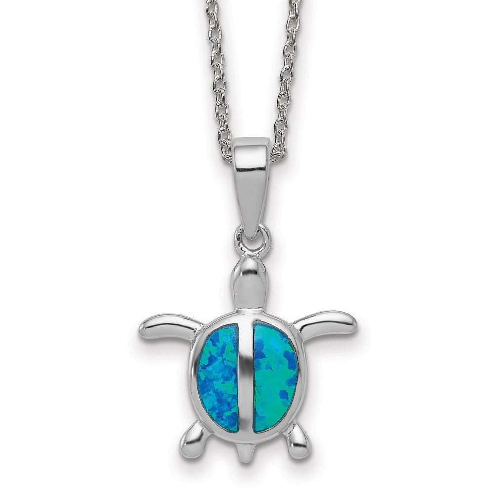 Sterling Silver Rhodium Created Blue Opal Turtle Necklace