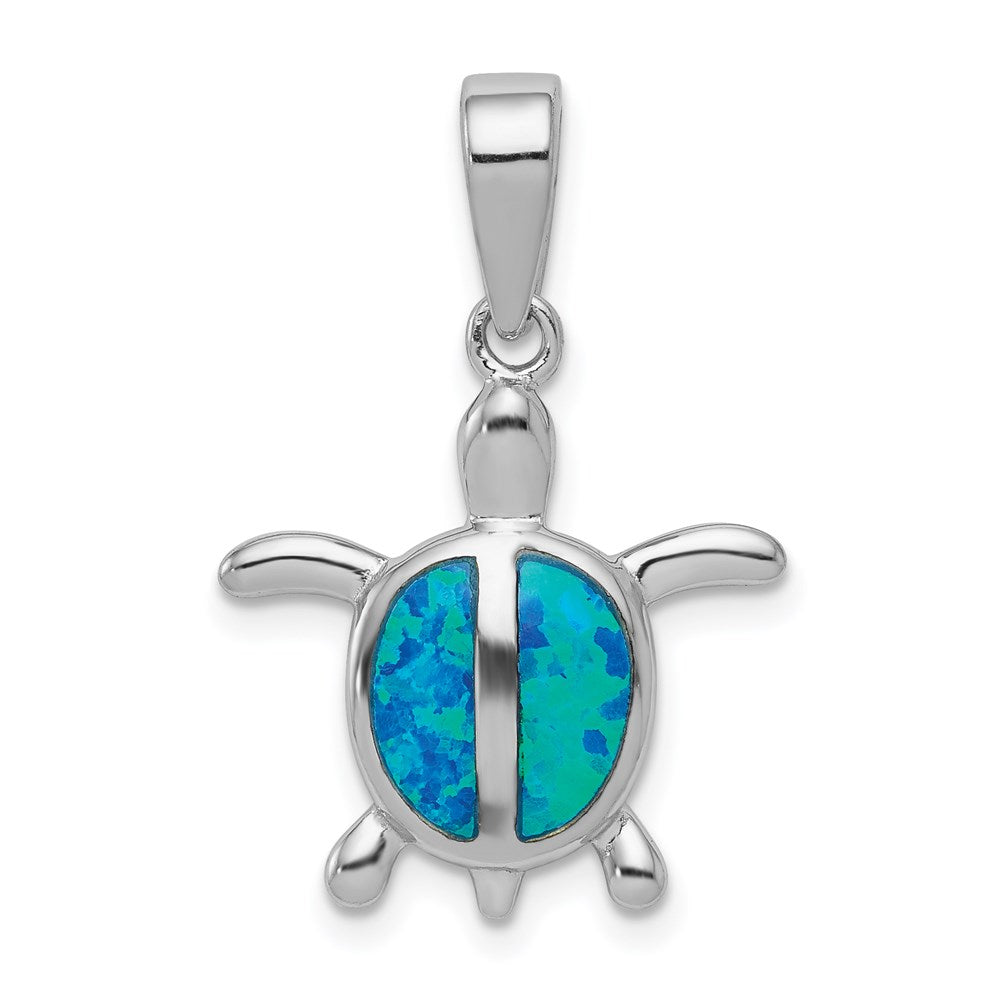 Sterling Silver Rhodium-plated Polished Created Blue Opal Turtle Pendant