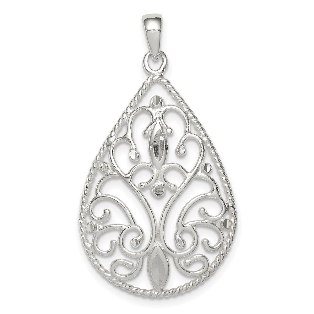 Sterling Silver Polished Filigree Diamond-cut Teardrop Pendant