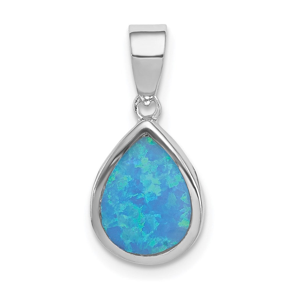 Sterling Silver Rhod-plated Lab Created Opal Teardrop Pendant