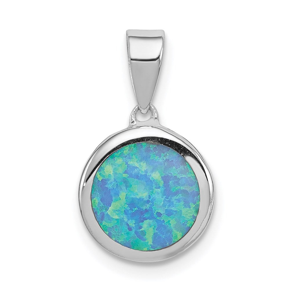 Sterling Silver Rhod-plated Lab Created Opal Round Pendant