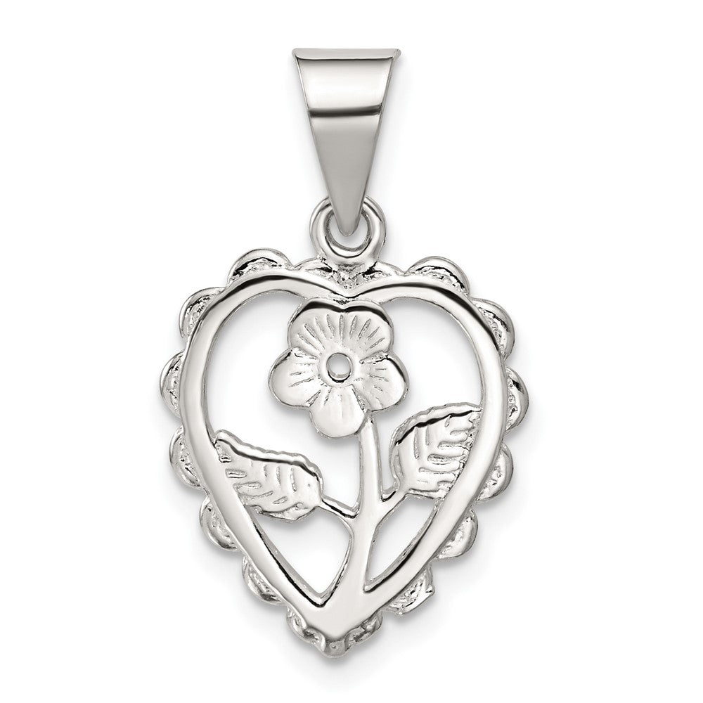 Sterling Silver Polished Mini Floral Center Heart Pendant