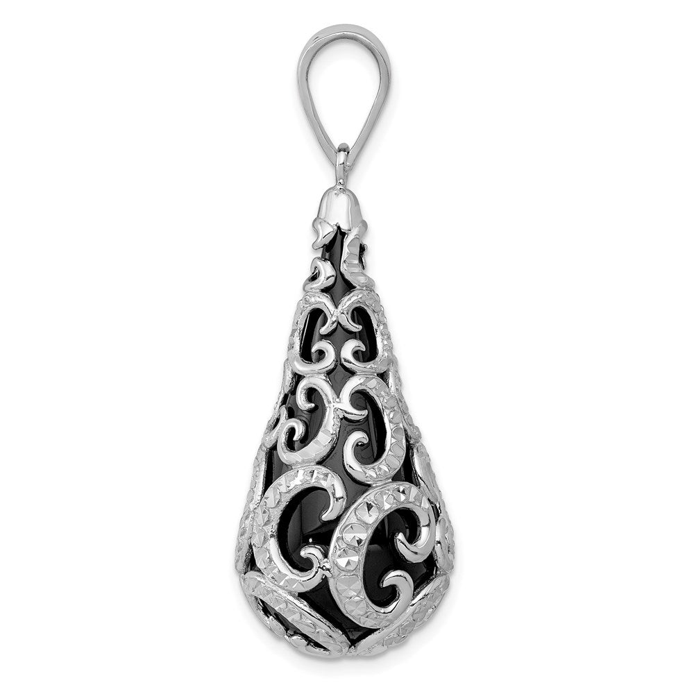 Sterling Silver Rhodium-plated Filigree Diamond Cut Pattern Onyx Teardrop Dangle Pendant