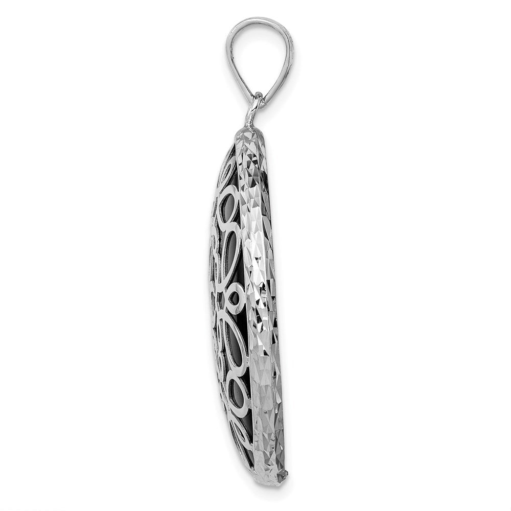 Sterling Silver Rhodium-plated Filigree Diamond Cut Onyx Circle Dangle Pendant