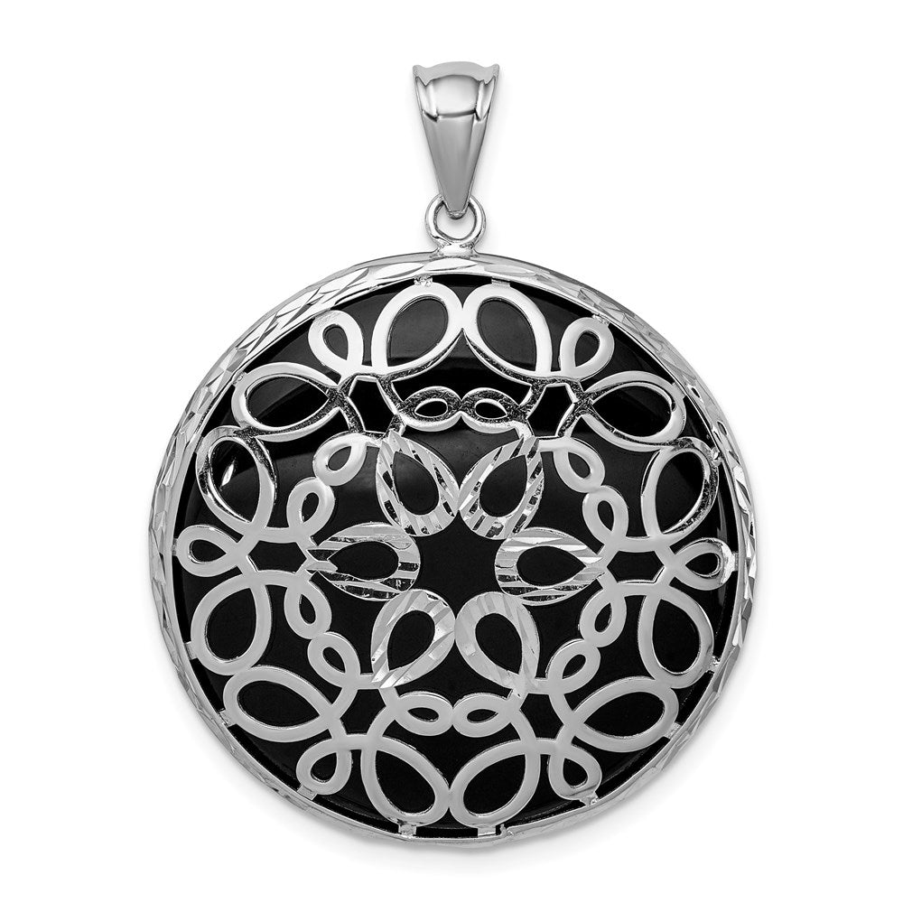 Sterling Silver Rhodium-plated Filigree Diamond Cut Onyx Circle Dangle Pendant