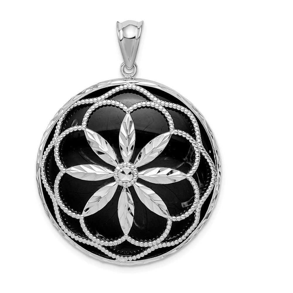 Sterling Silver Rhodium-plated Filigree Diamond Cut Starburst Onyx Circle Dangle Pendant