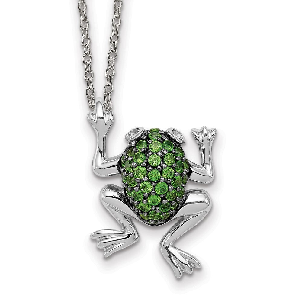 Sterling Silver Rhodium White Topaz & Chrome Diopside Frog Necklace